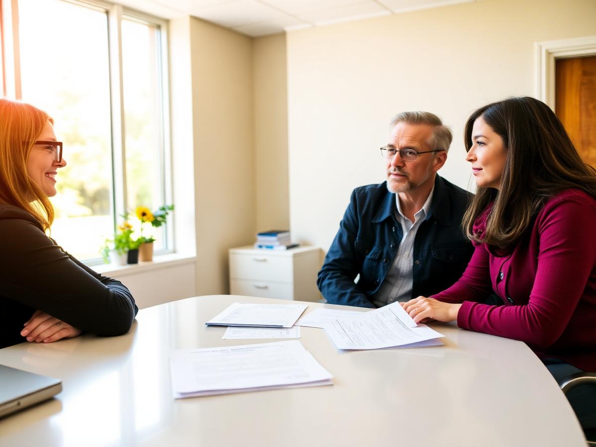 A student and parent meeting with a college admissions counselor