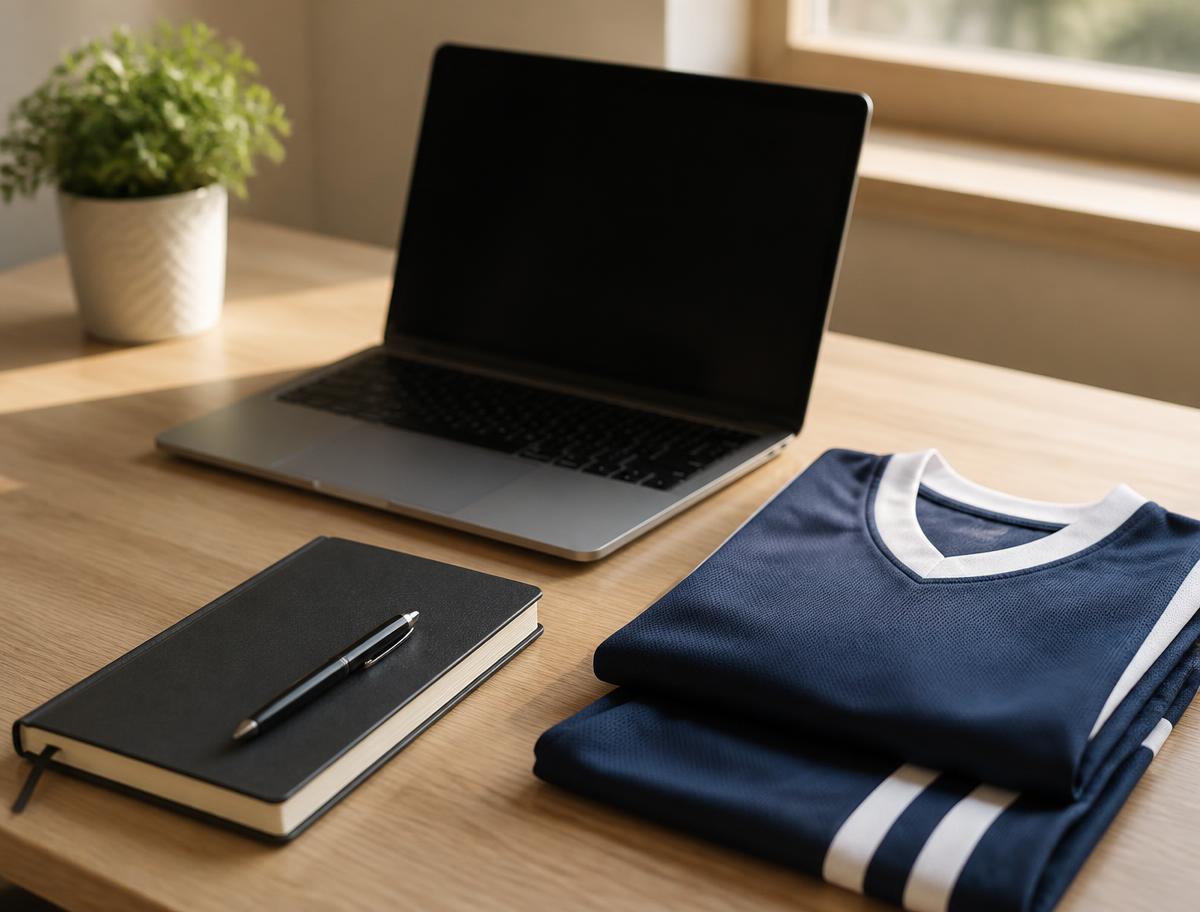 An athletic résumé document beside a laptop and notebook
