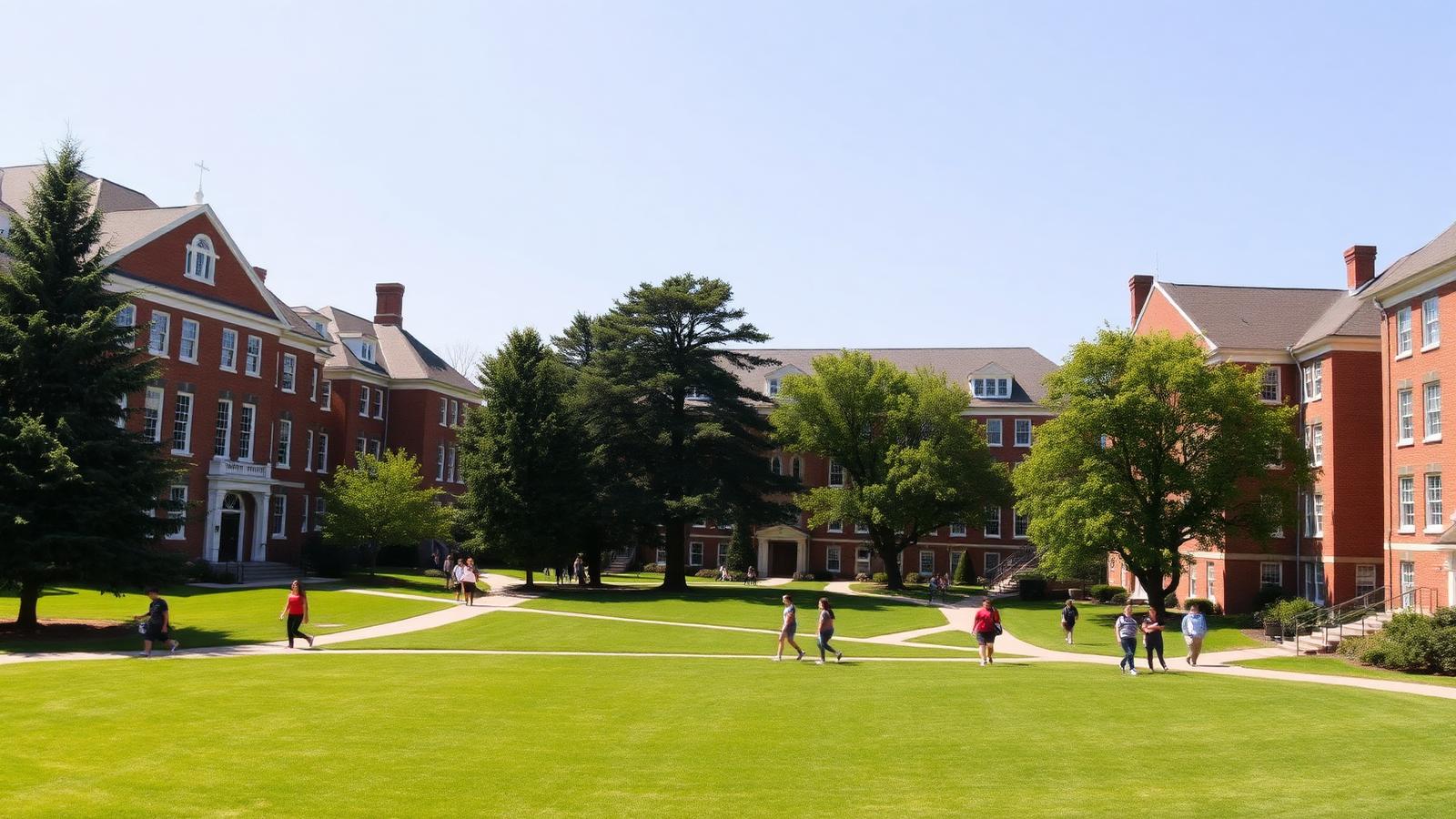 A college campus quad with academic buildings