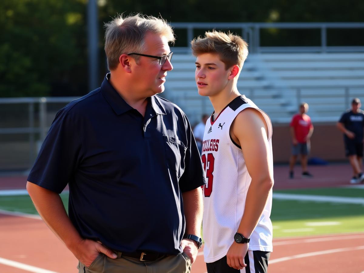 A coach speaking with a student-athlete on the field