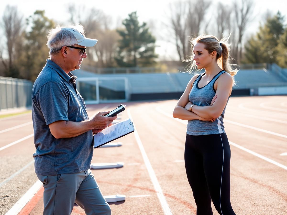 A coach evaluating an athlete with a clipboard and stopwatch