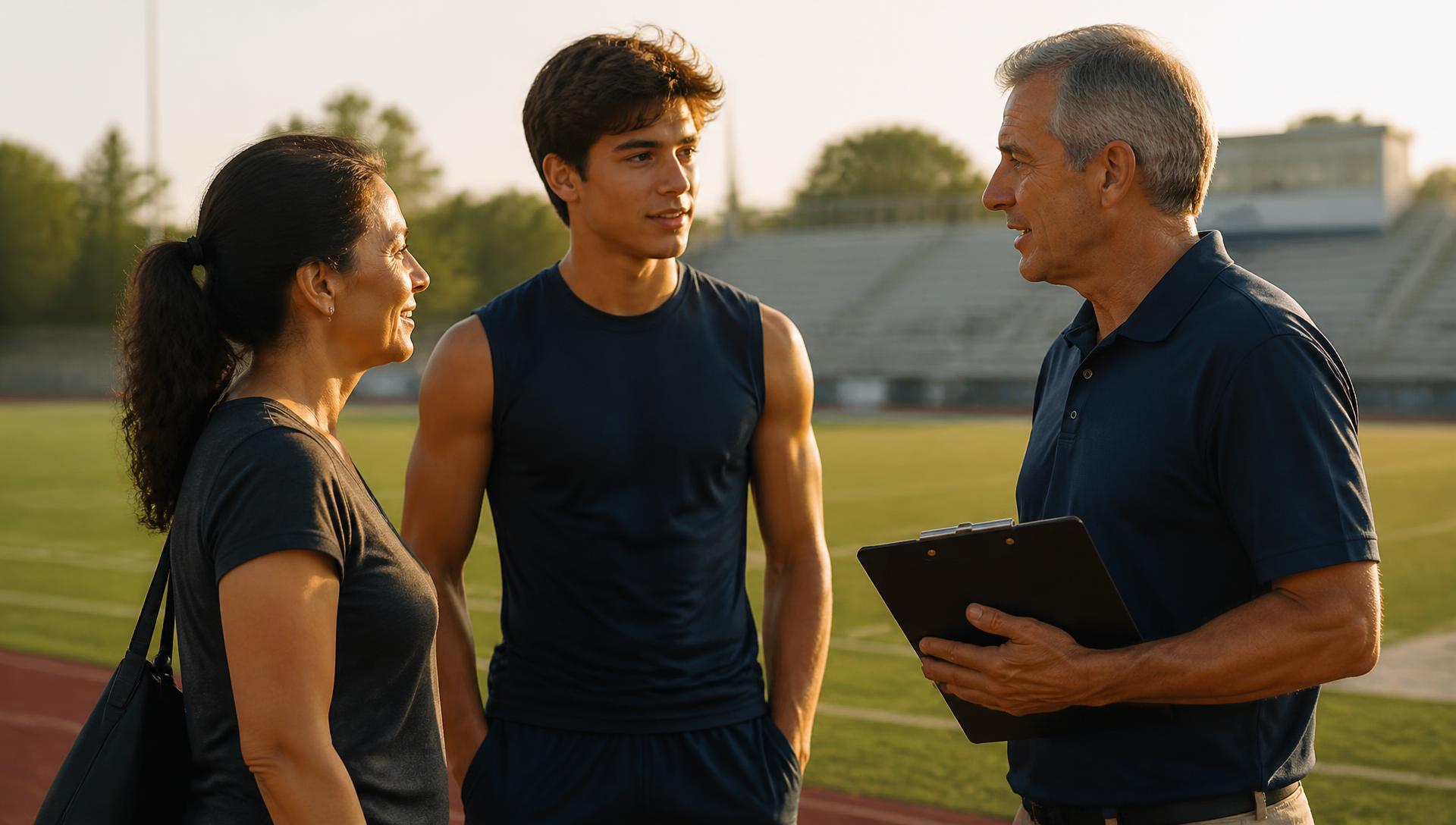 A student-athlete, parent, and coach talking together on a college athletic field