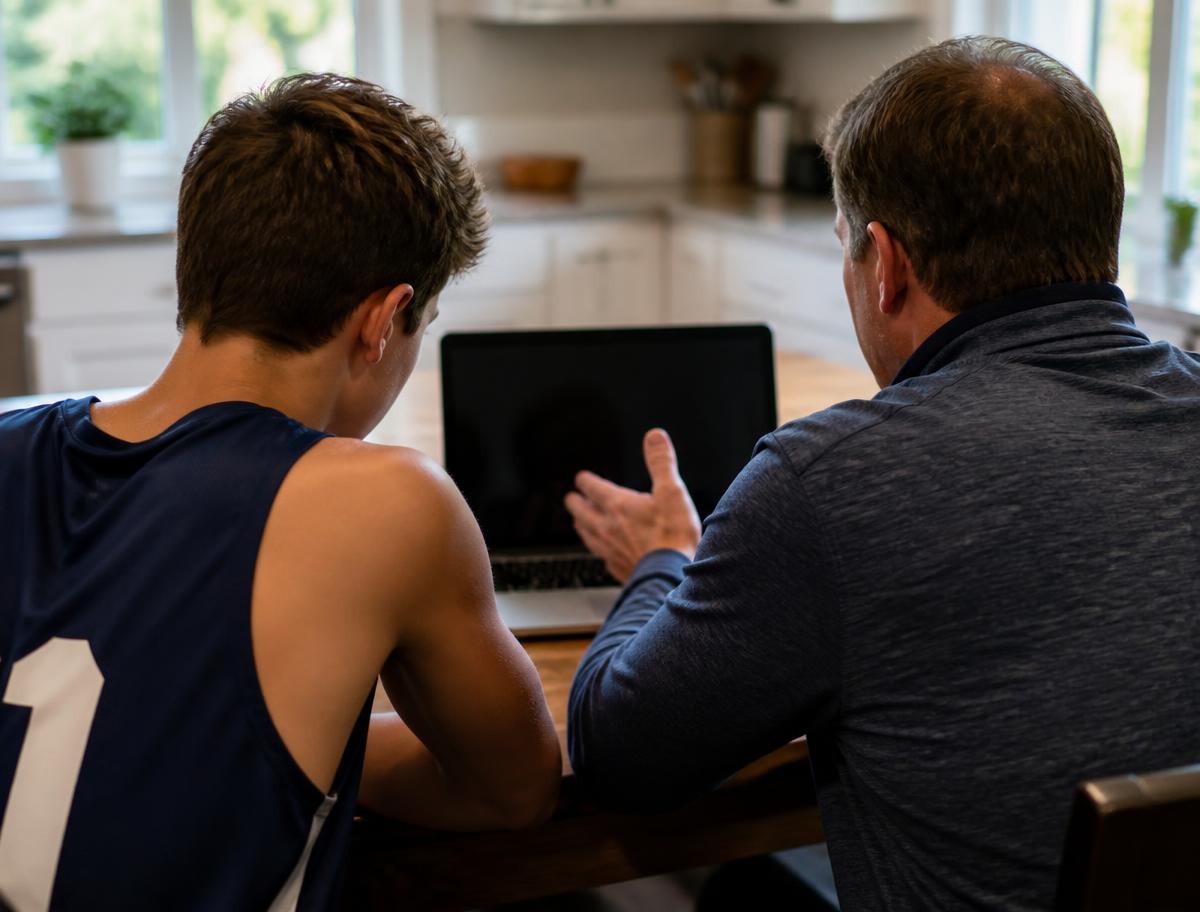 A student-athlete and parent reviewing college information together at home