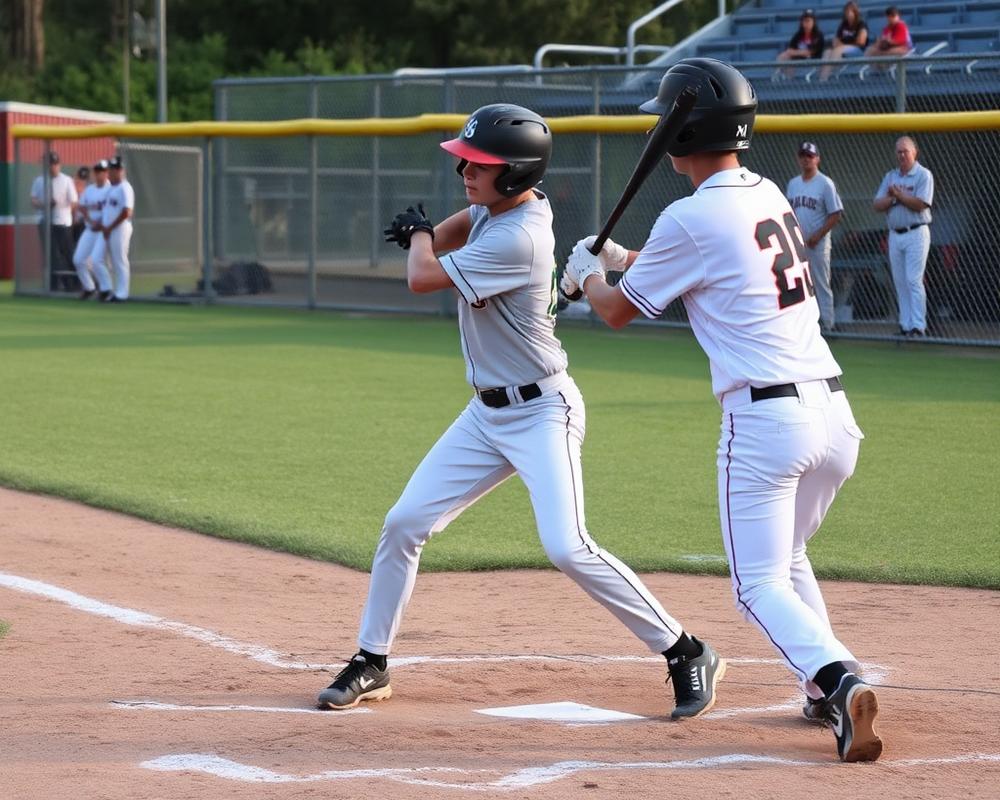 A high school baseball player batting during a game