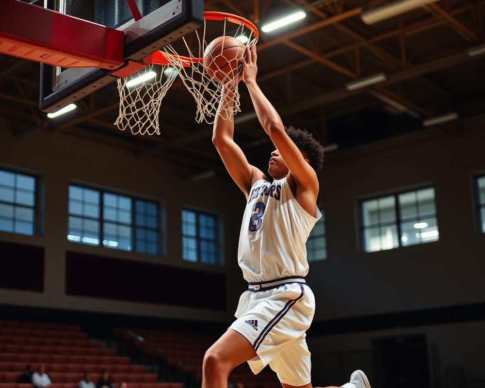 A high school basketball player finishing at the rim