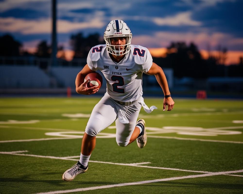 A high school football player running with the ball under stadium lights
