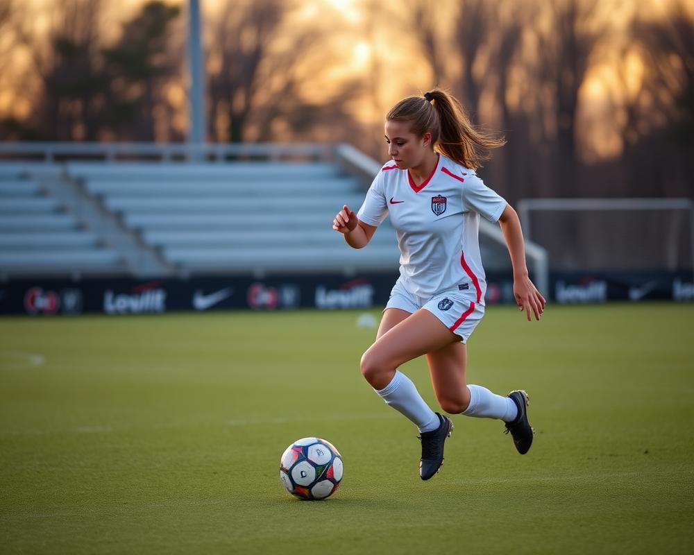 A high school soccer player dribbling the ball on the pitch