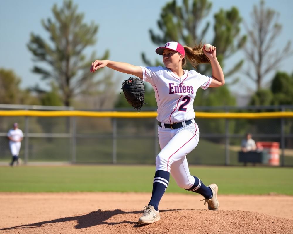 A high school softball pitcher delivering a pitch