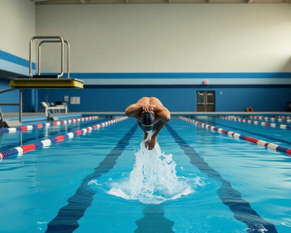 A swimmer diving off the starting block in competition