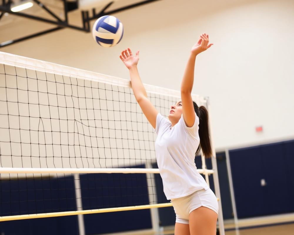 A volleyball player attacking at the net