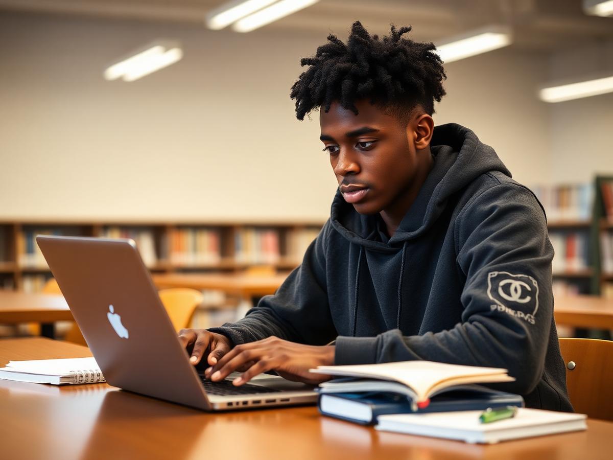 A student-athlete researching colleges on a laptop